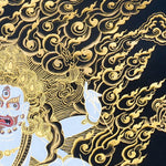 Six Hand White Mahakala Thangka Painting showing a white Tibetan Buddhist protector deity with six arms, wrathful expression, ritual implements, flame aura, gold cloud details, offering symbols and lotus base in black and gold style.