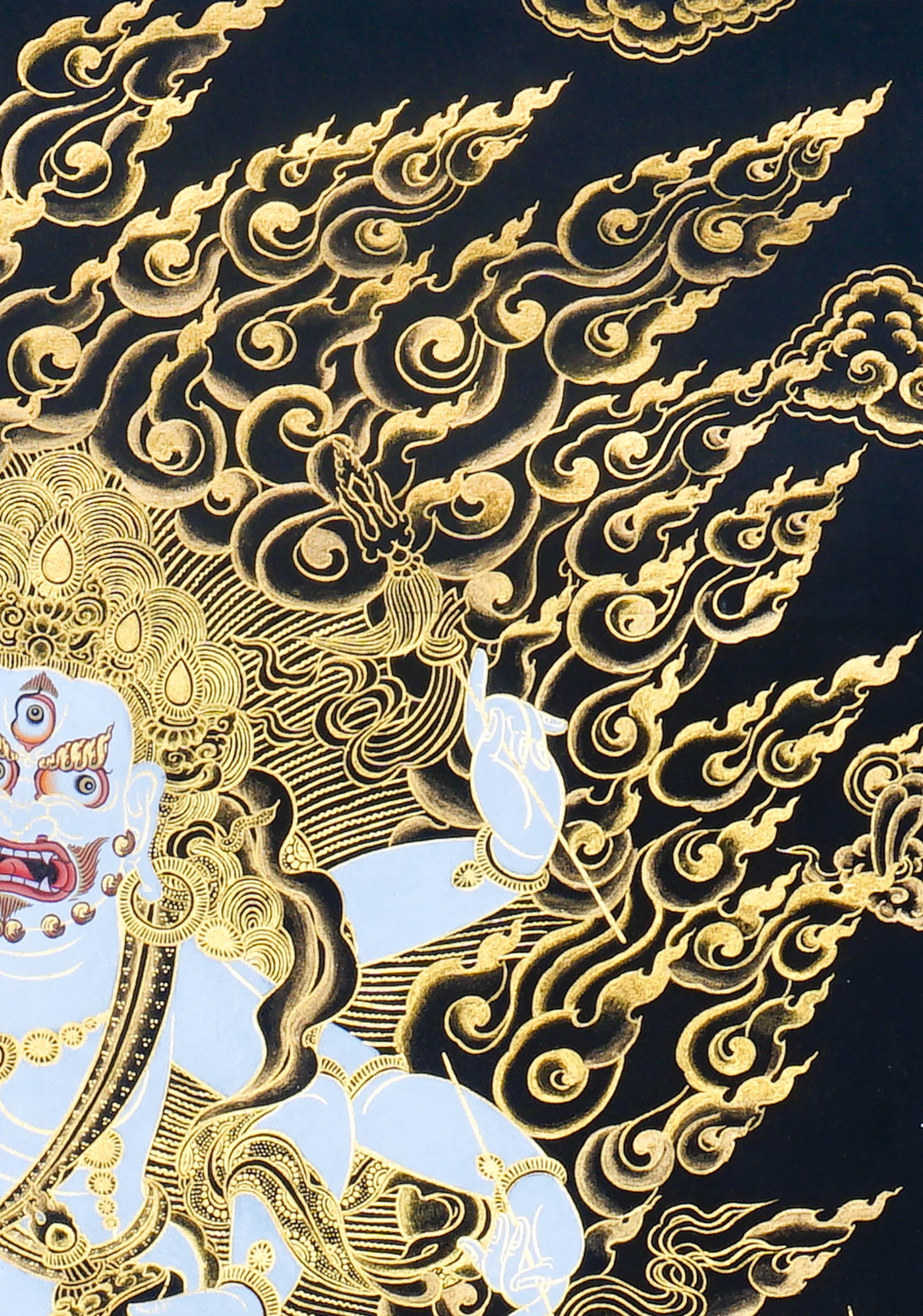 Six Hand White Mahakala Thangka Painting showing a white Tibetan Buddhist protector deity with six arms, wrathful expression, ritual implements, flame aura, gold cloud details, offering symbols and lotus base in black and gold style.