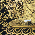 Six Hand White Mahakala Thangka Painting showing a white Tibetan Buddhist protector deity with six arms, wrathful expression, ritual implements, flame aura, gold cloud details, offering symbols and lotus base in black and gold style.