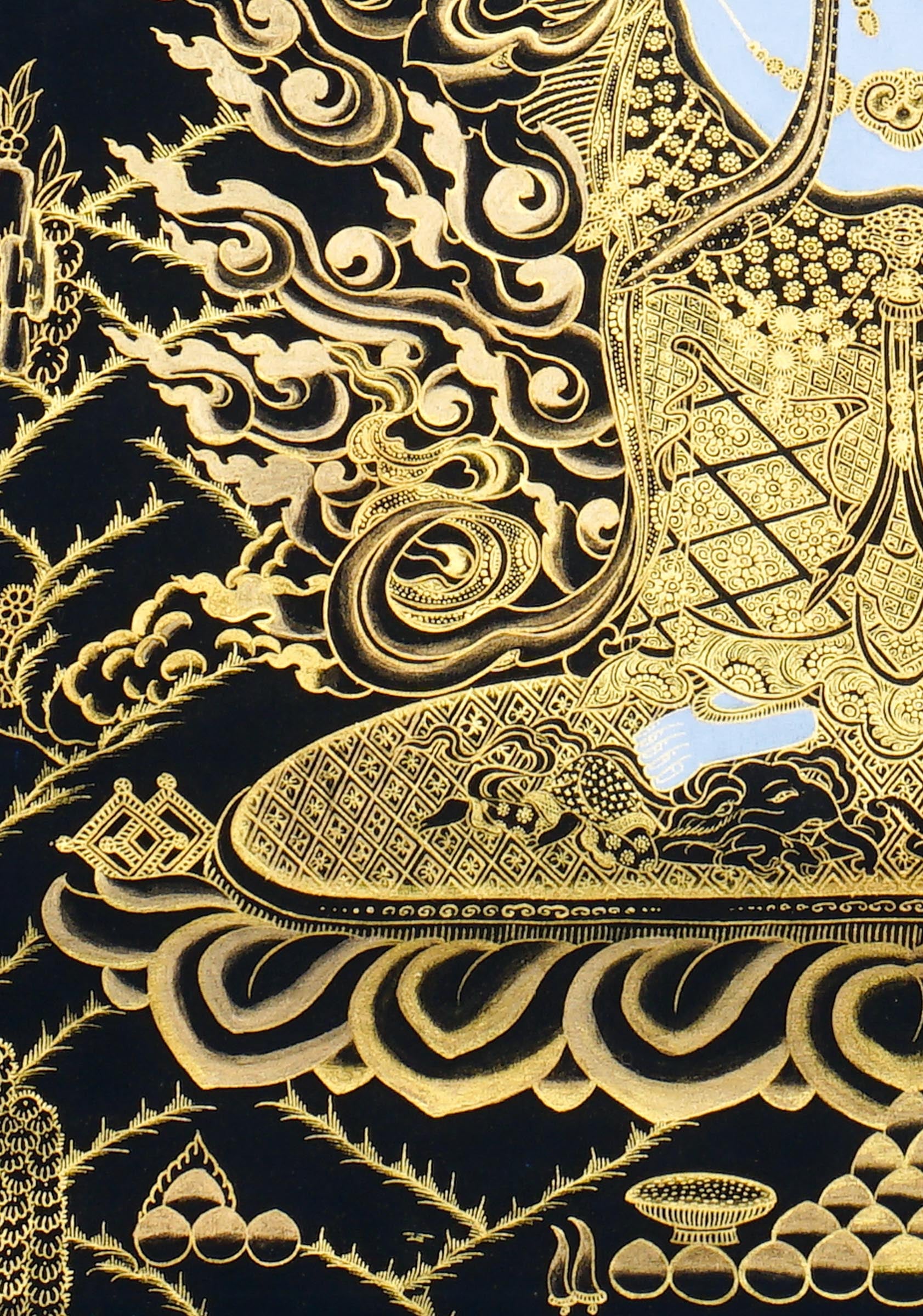 Six Hand White Mahakala Thangka Painting showing a white Tibetan Buddhist protector deity with six arms, wrathful expression, ritual implements, flame aura, gold cloud details, offering symbols and lotus base in black and gold style.