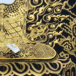 Six Hand White Mahakala Thangka Painting showing a white Tibetan Buddhist protector deity with six arms, wrathful expression, ritual implements, flame aura, gold cloud details, offering symbols and lotus base in black and gold style.
