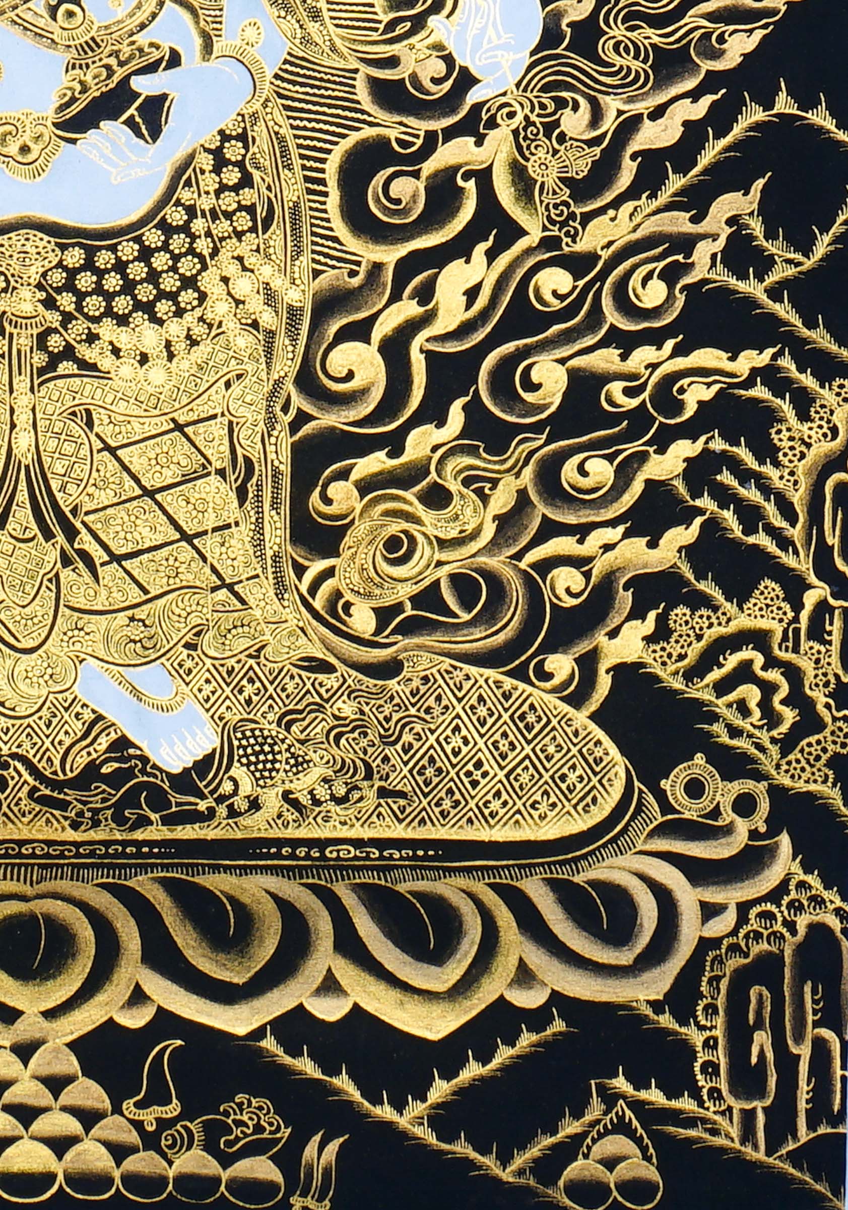 Six Hand White Mahakala Thangka Painting showing a white Tibetan Buddhist protector deity with six arms, wrathful expression, ritual implements, flame aura, gold cloud details, offering symbols and lotus base in black and gold style.