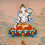 white tara meditation thangka on lotus throne