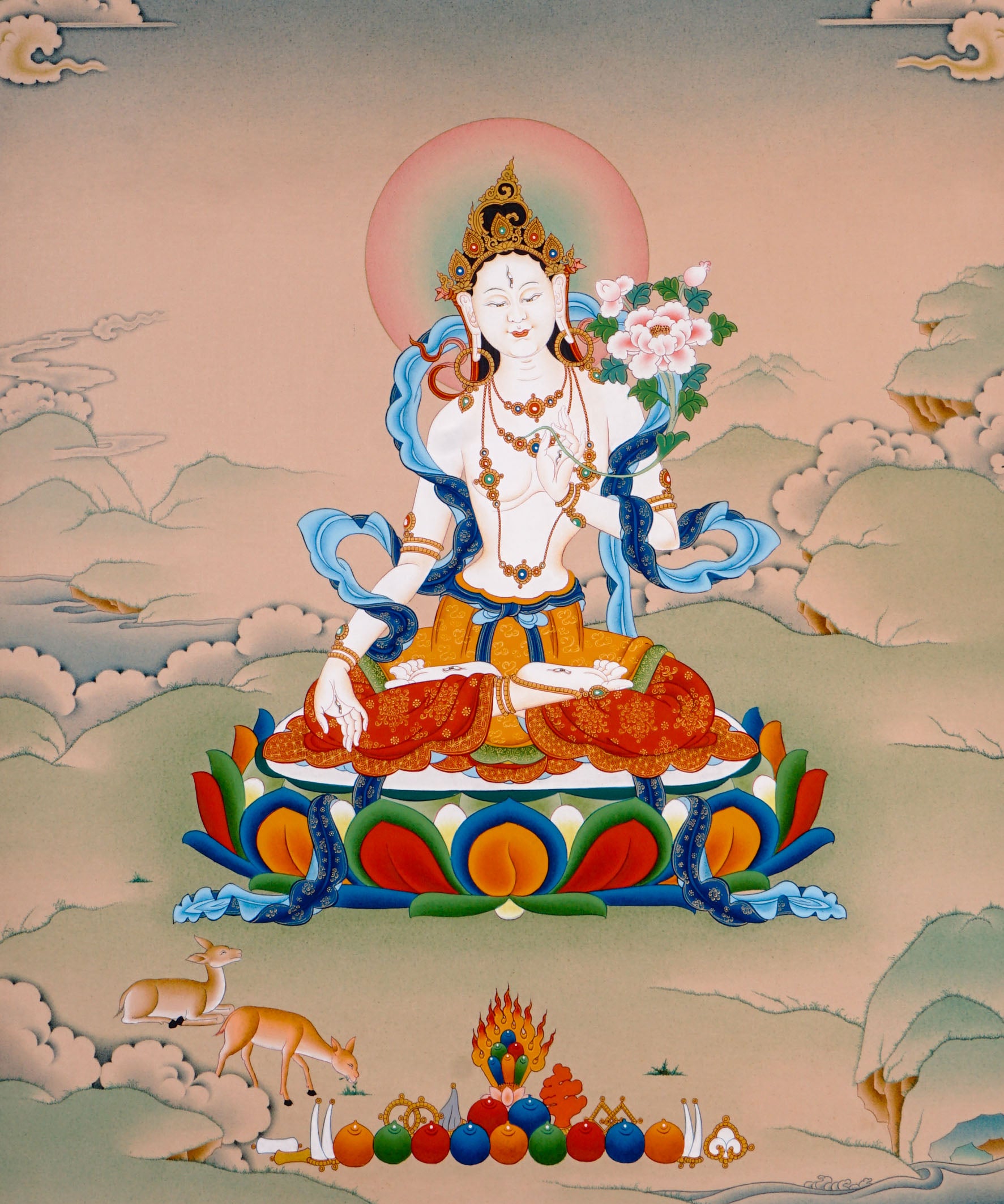 white tara meditation thangka on lotus throne