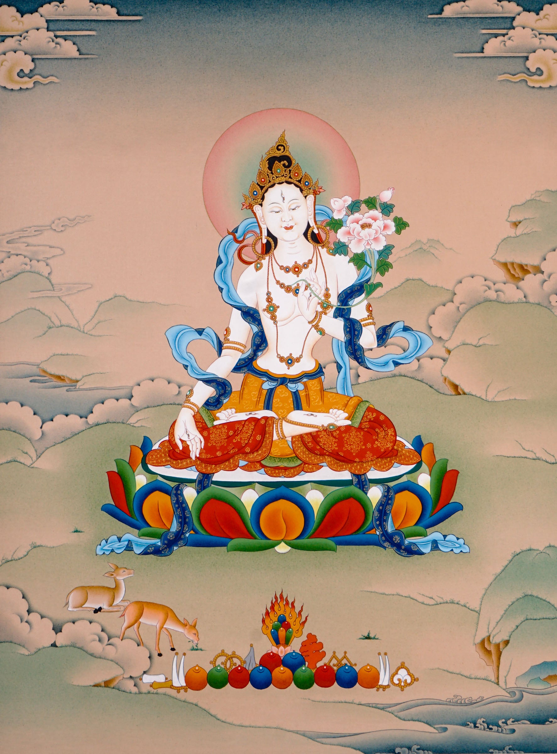 white tara meditation thangka on lotus throne