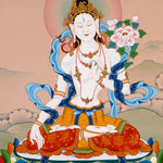 white tara meditation thangka on lotus throne