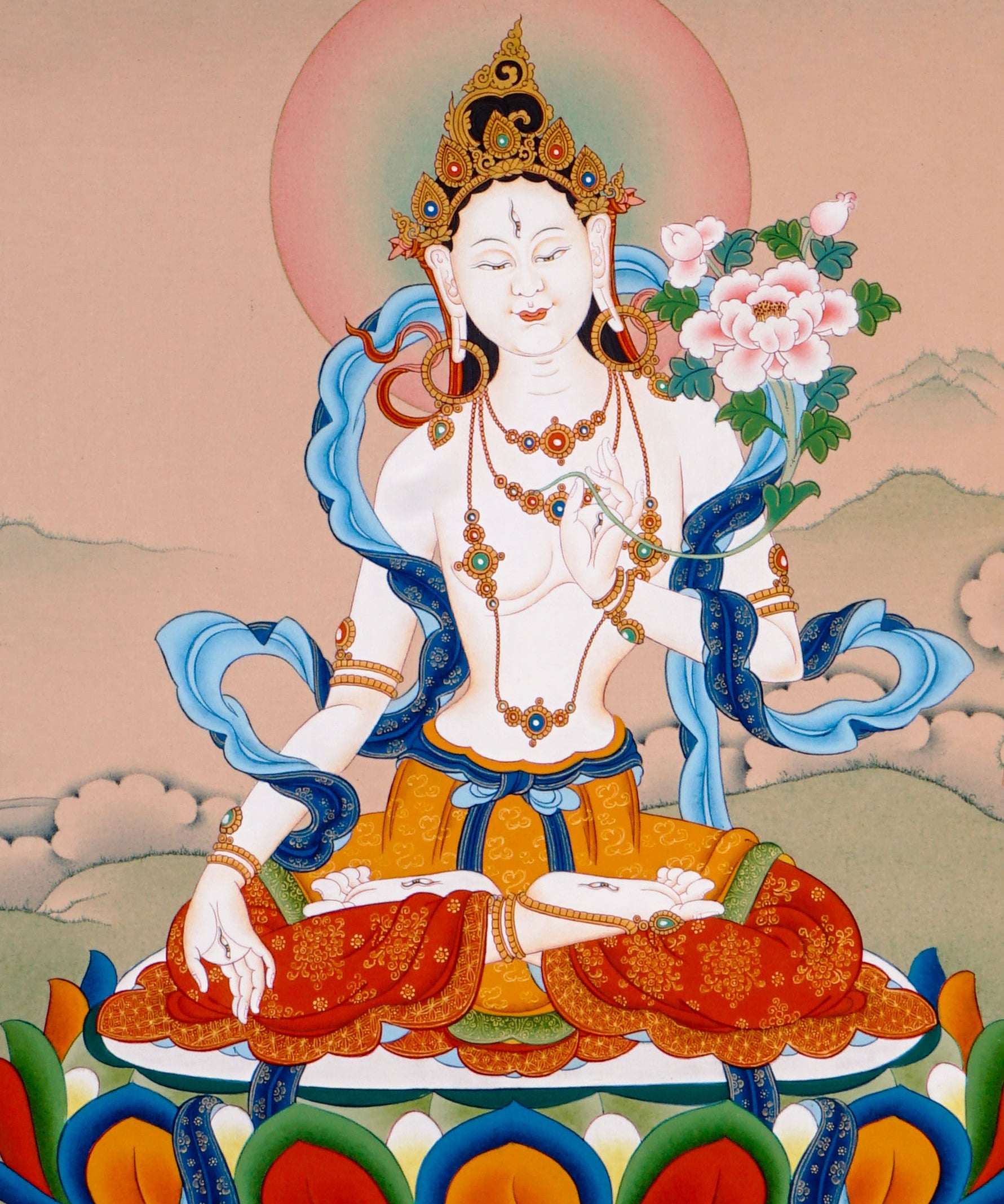 white tara meditation thangka on lotus throne