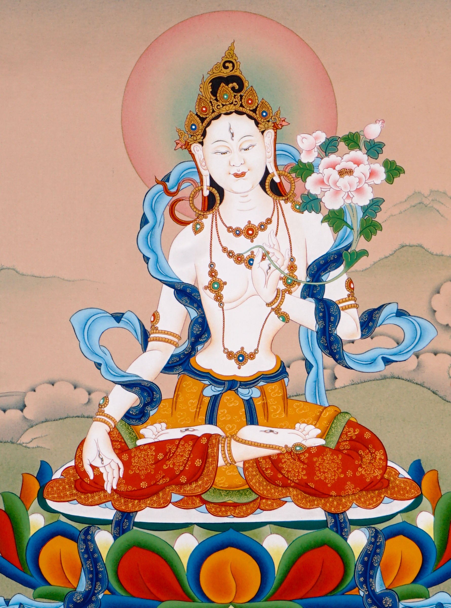 white tara meditation thangka on lotus throne