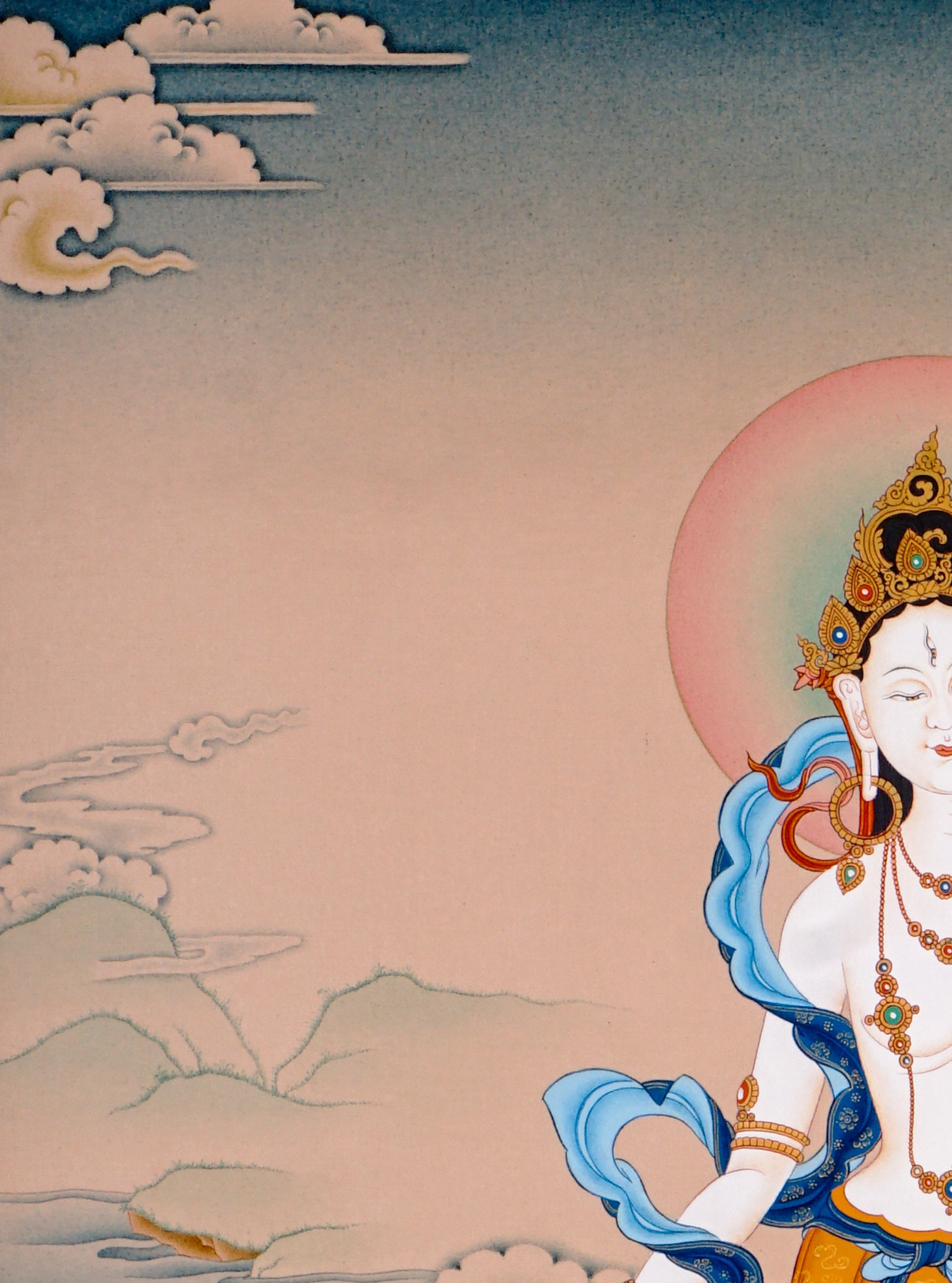 white tara meditation thangka on lotus throne