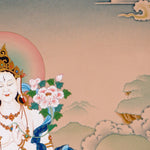 white tara meditation thangka on lotus throne