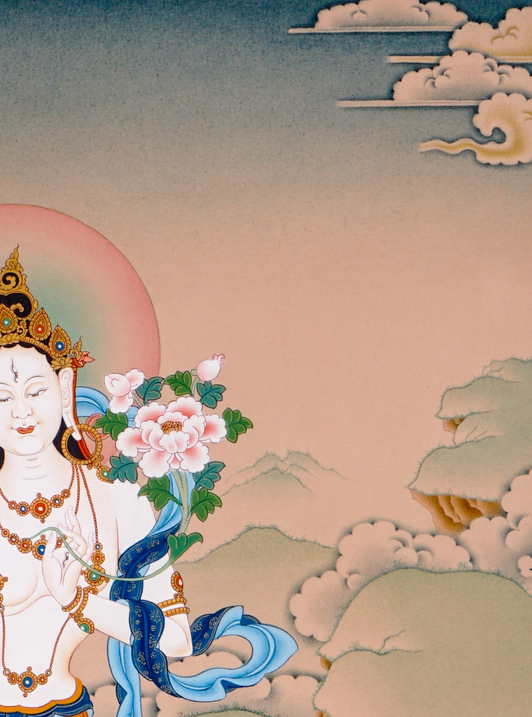 white tara meditation thangka on lotus throne