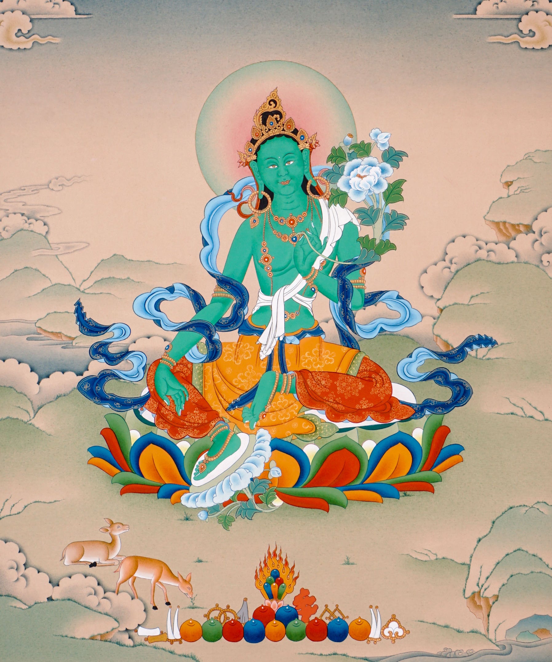 himalayan green tara thangka painting