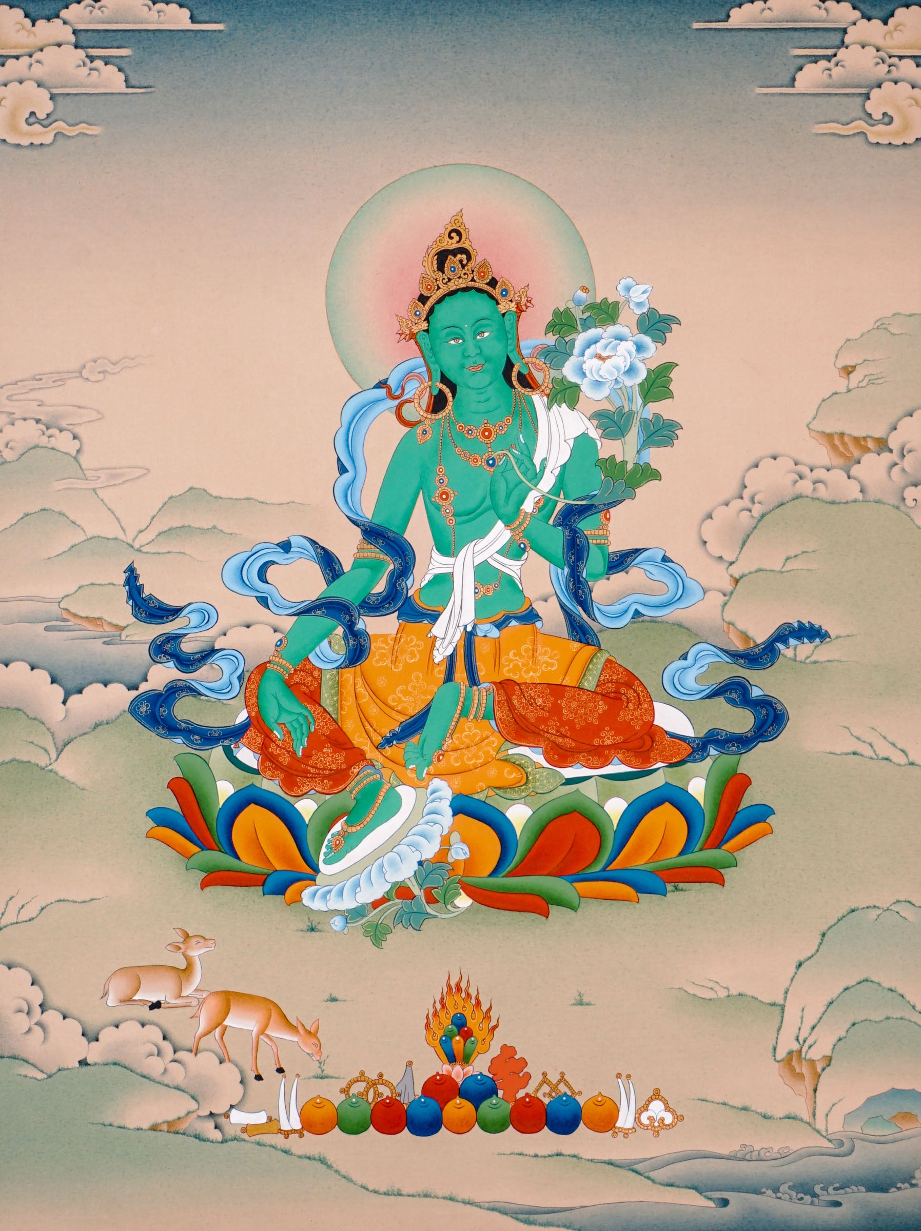 himalayan green tara thangka painting