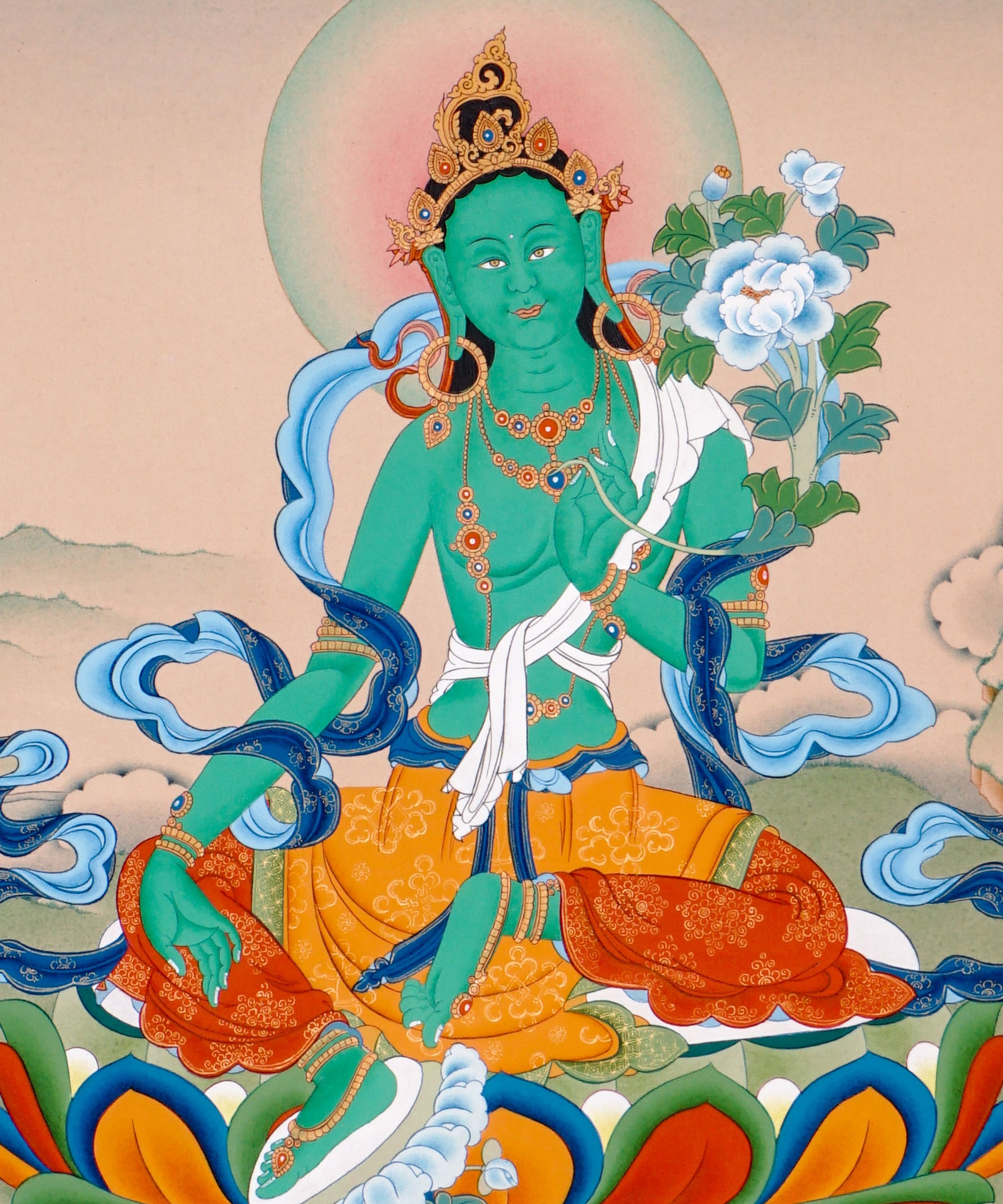 himalayan green tara thangka painting