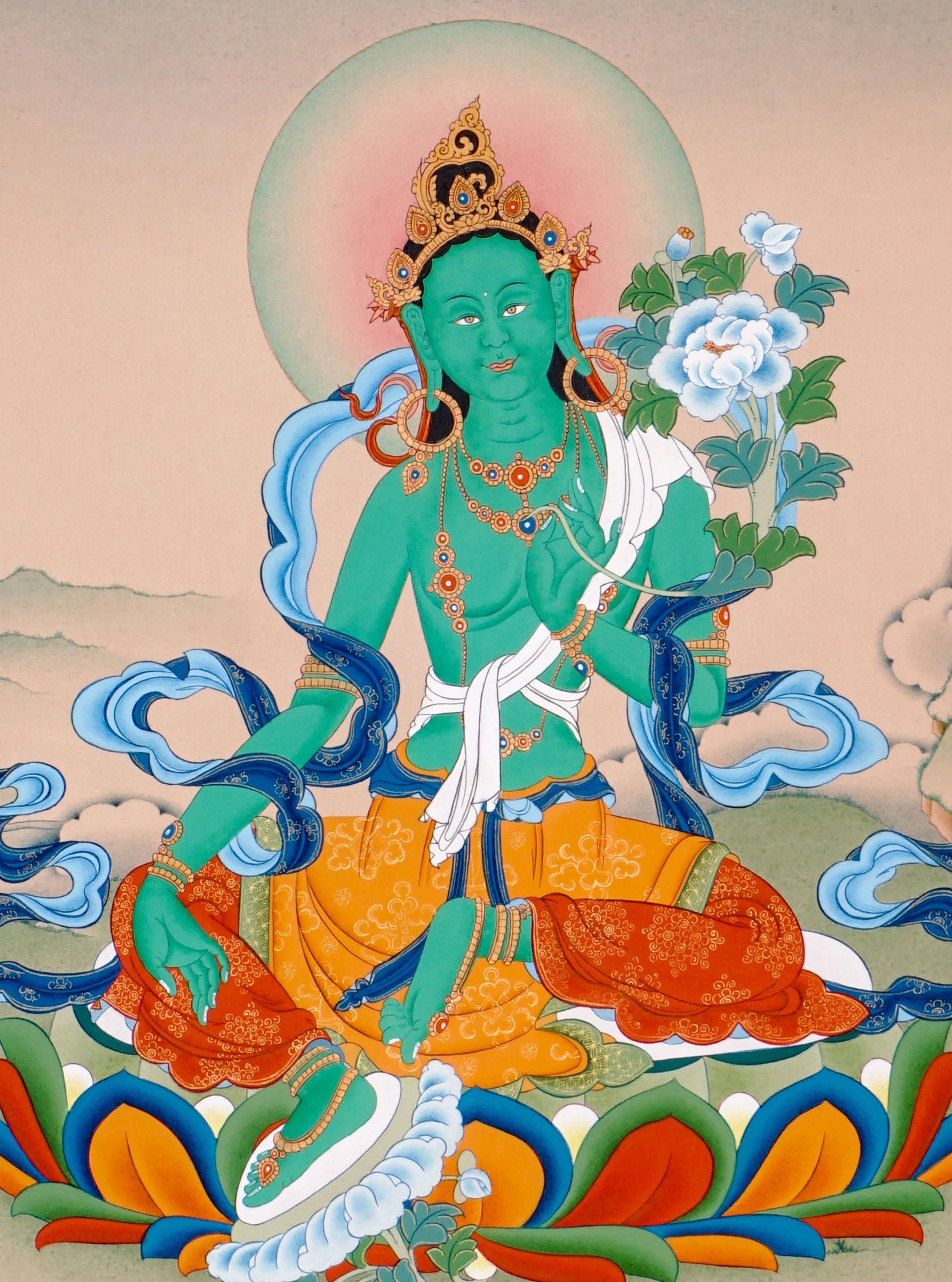himalayan green tara thangka painting