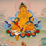 yellow zambhala with mongoose and lotus throne thangka