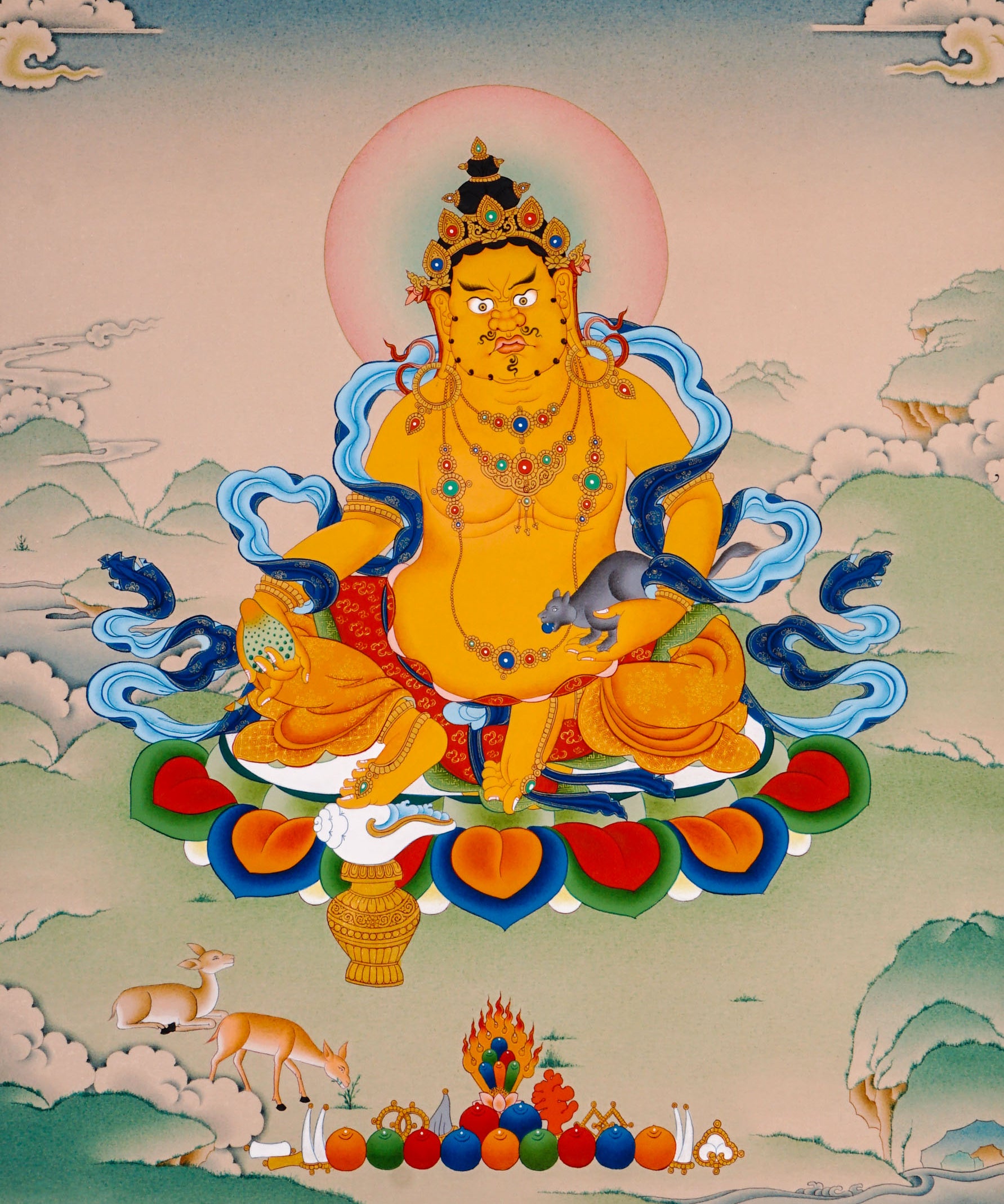 yellow zambhala with mongoose and lotus throne thangka