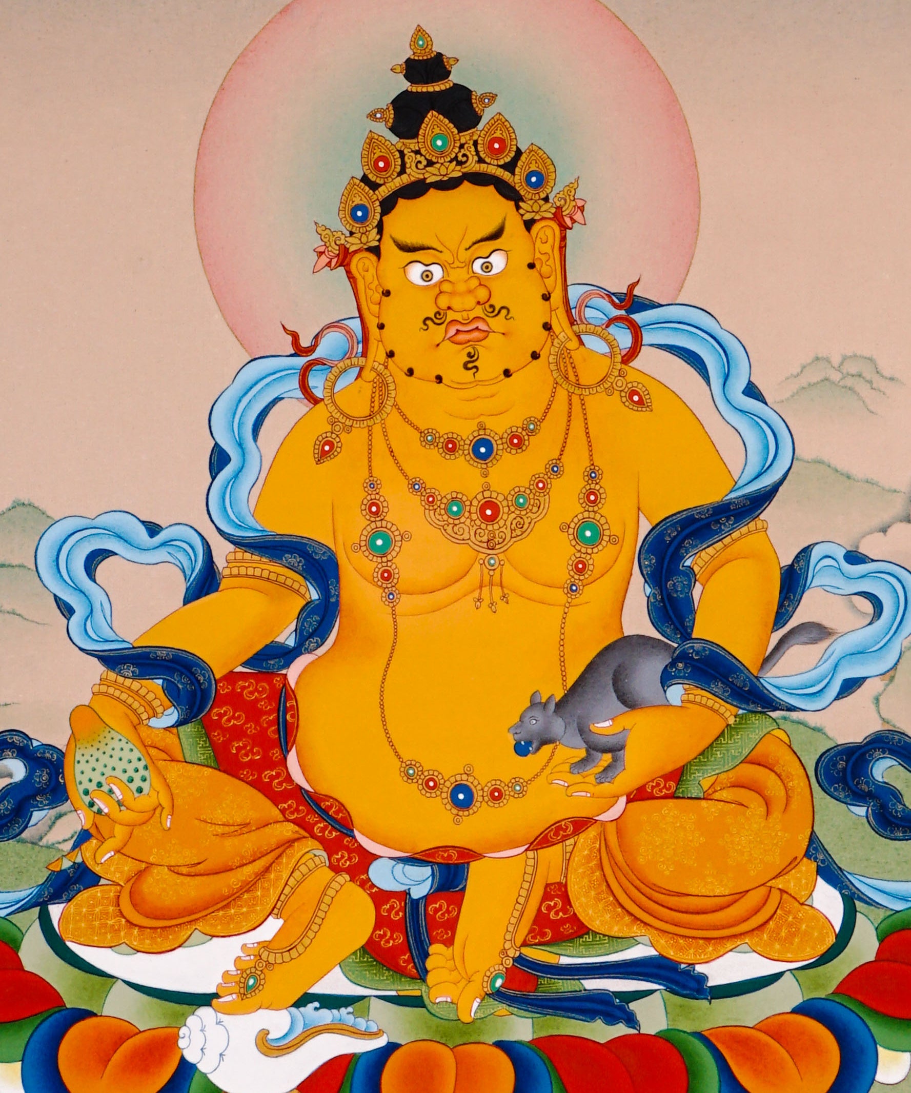 yellow zambhala with mongoose and lotus throne thangka