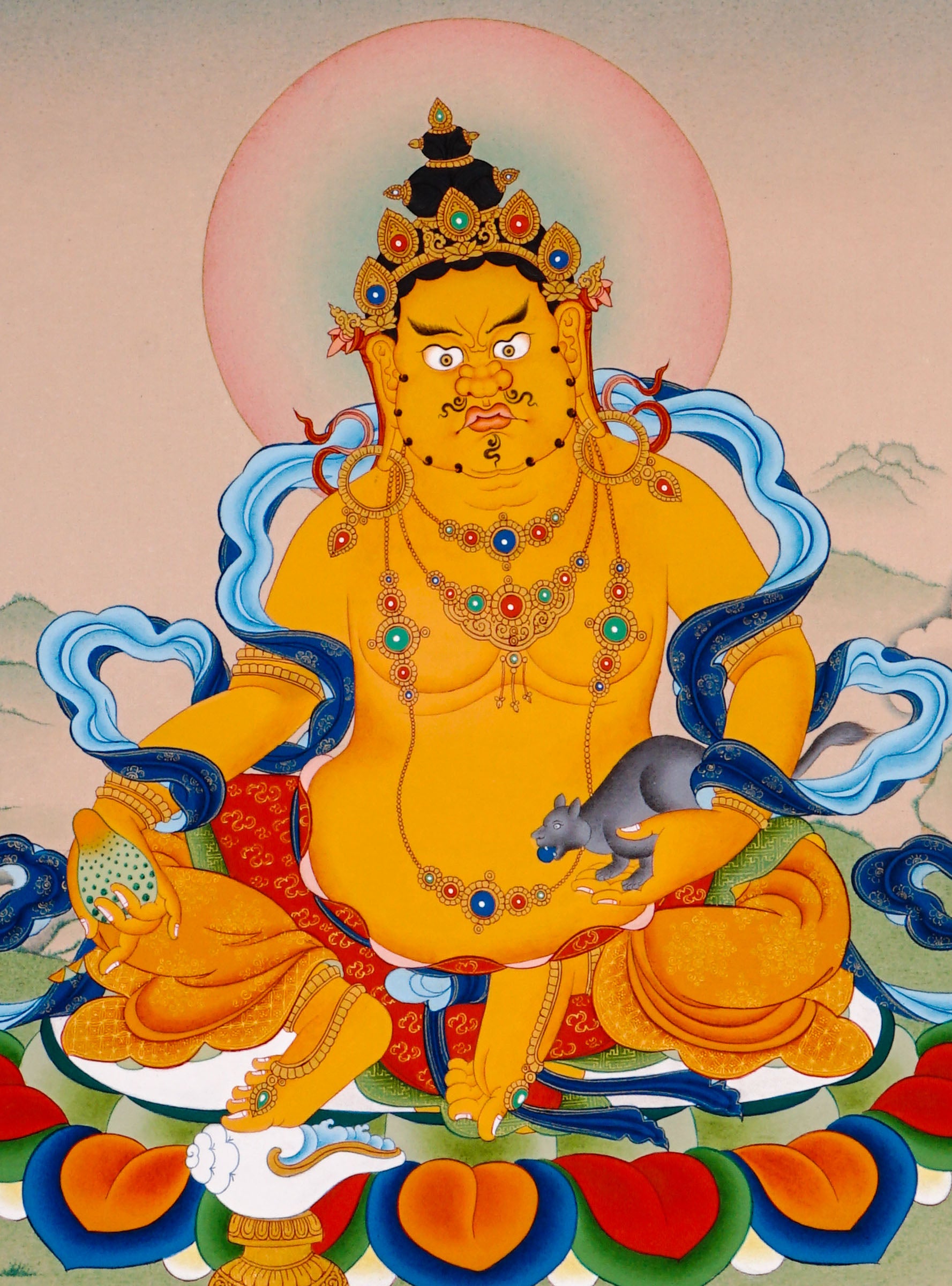 yellow zambhala with mongoose and lotus throne thangka