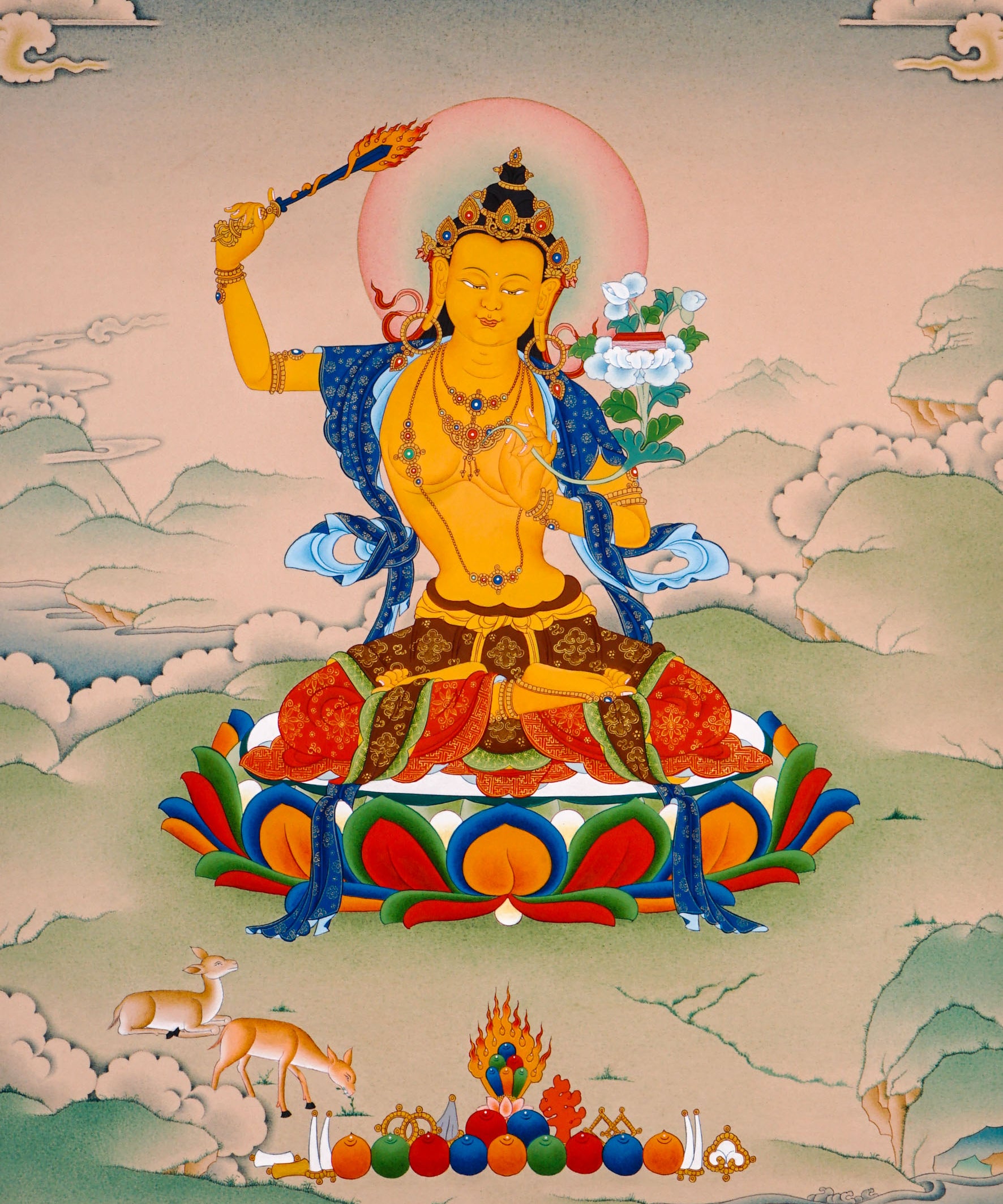sacred himalayan manjushri painting with wisdom sword