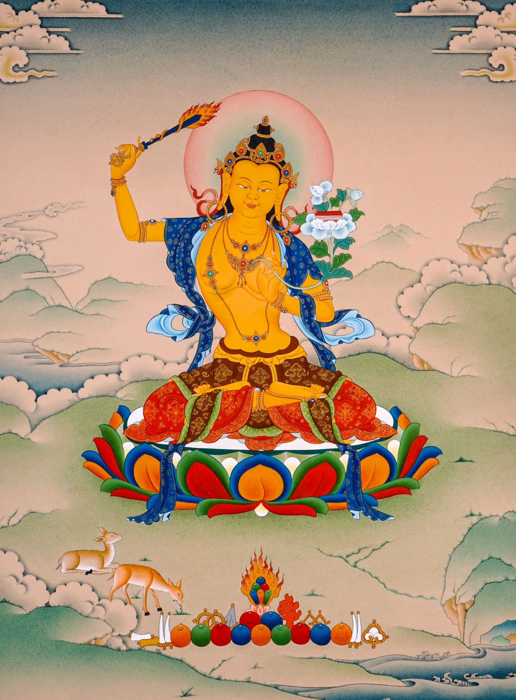 sacred himalayan manjushri painting with wisdom sword