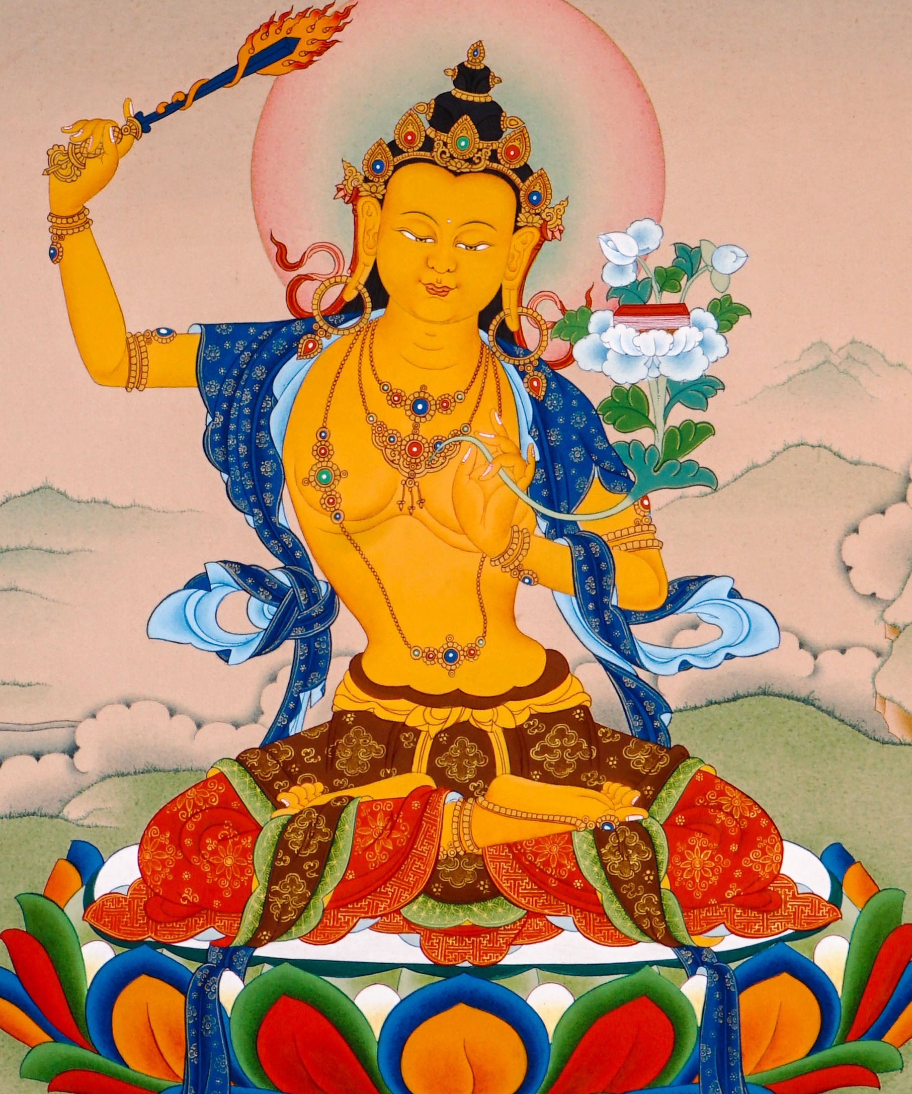 sacred himalayan manjushri painting with wisdom sword