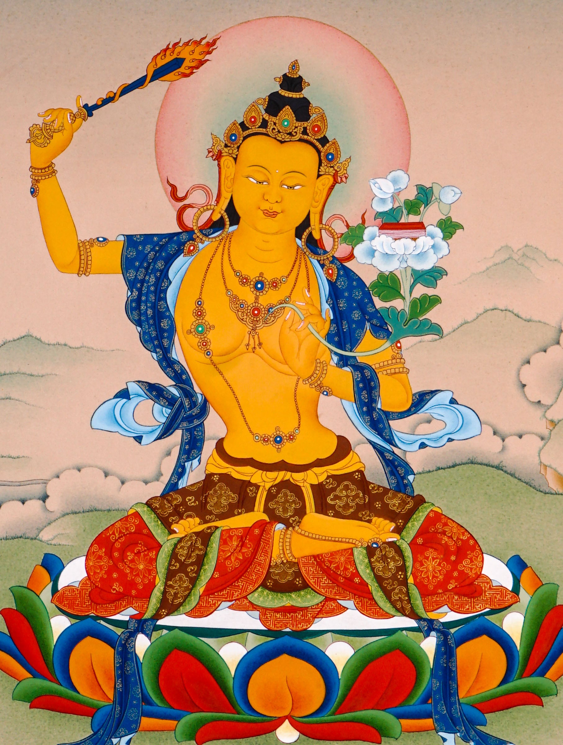 sacred himalayan manjushri painting with wisdom sword