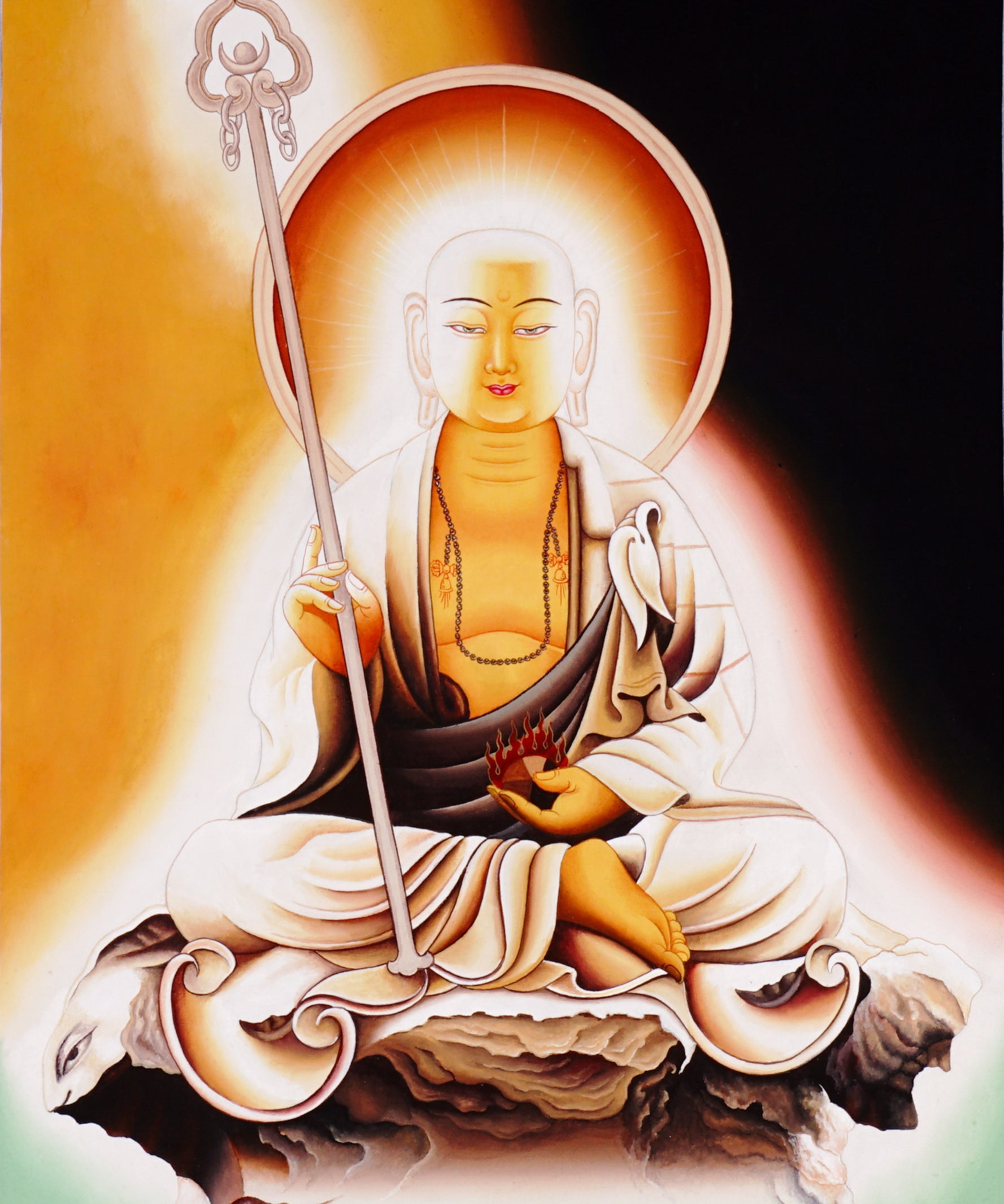 Serene Buddhist thangka painting of Kṣitigarbha Bodhisattva