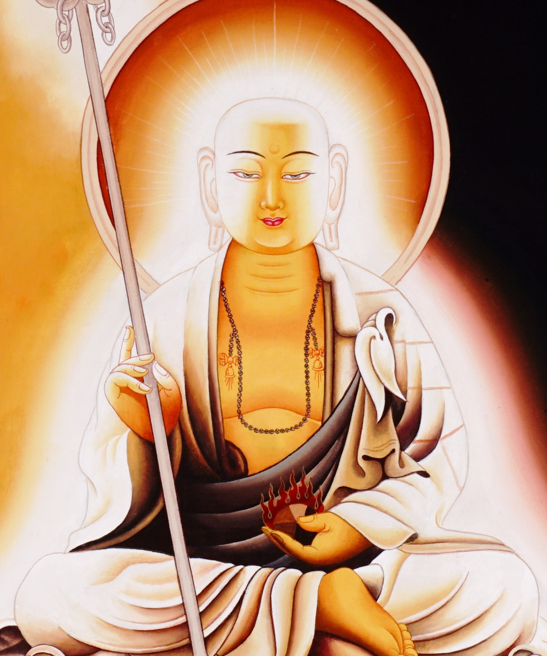 Serene Buddhist thangka painting of Kṣitigarbha Bodhisattva