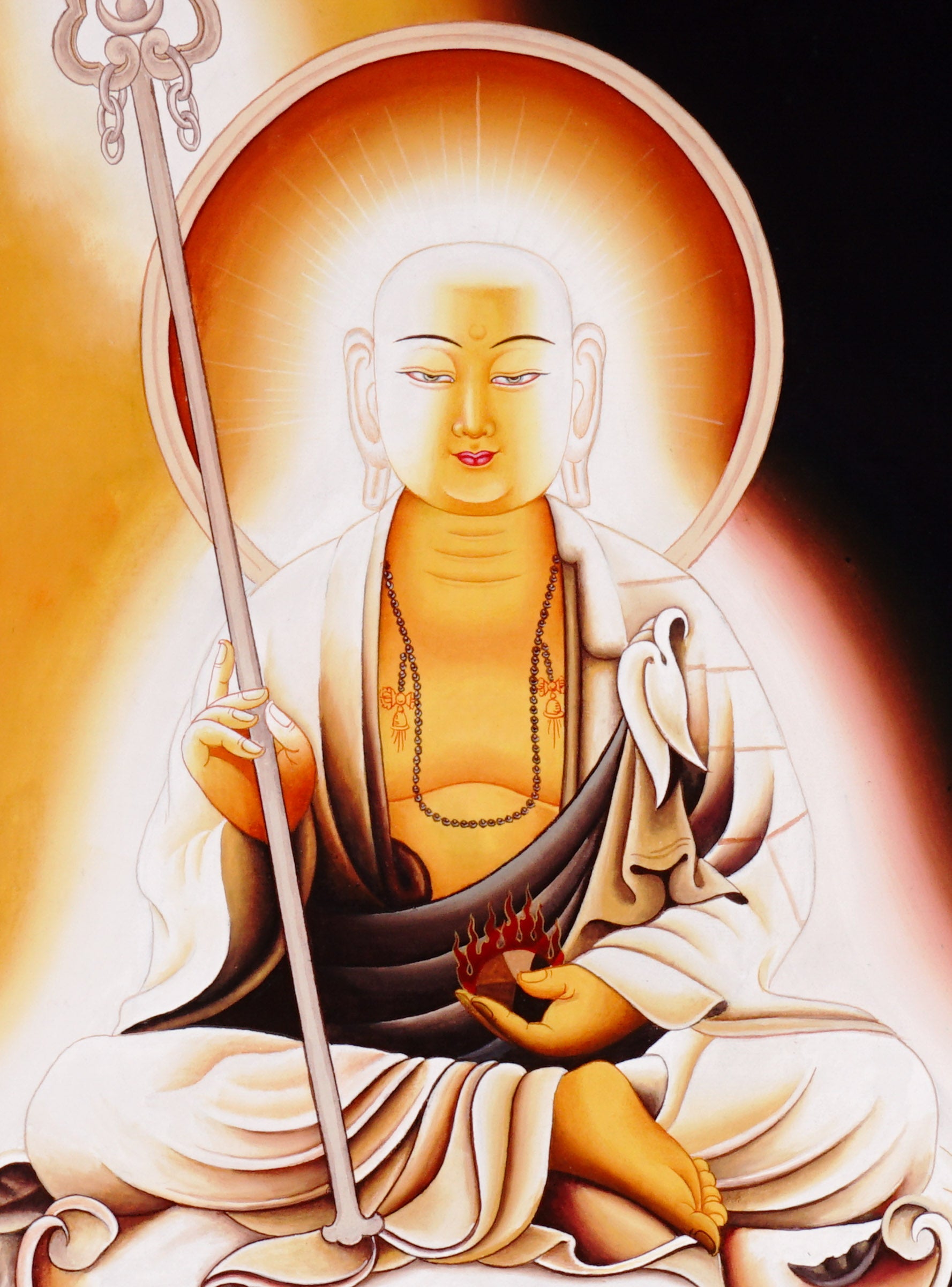 Serene Buddhist thangka painting of Kṣitigarbha Bodhisattva