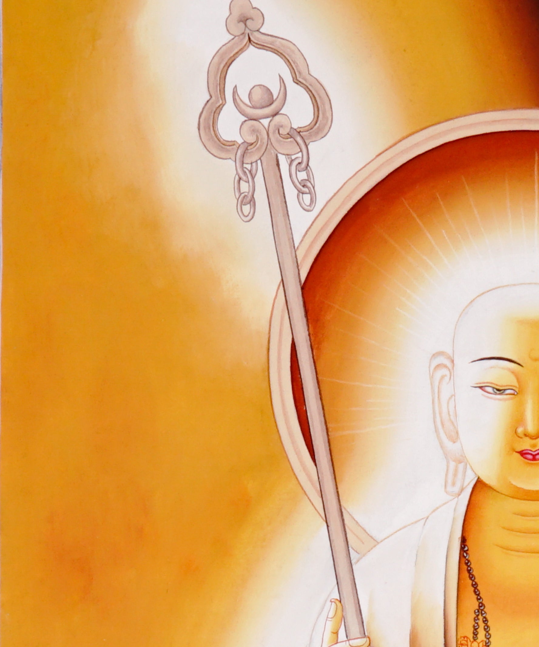 Serene Buddhist thangka painting of Kṣitigarbha Bodhisattva