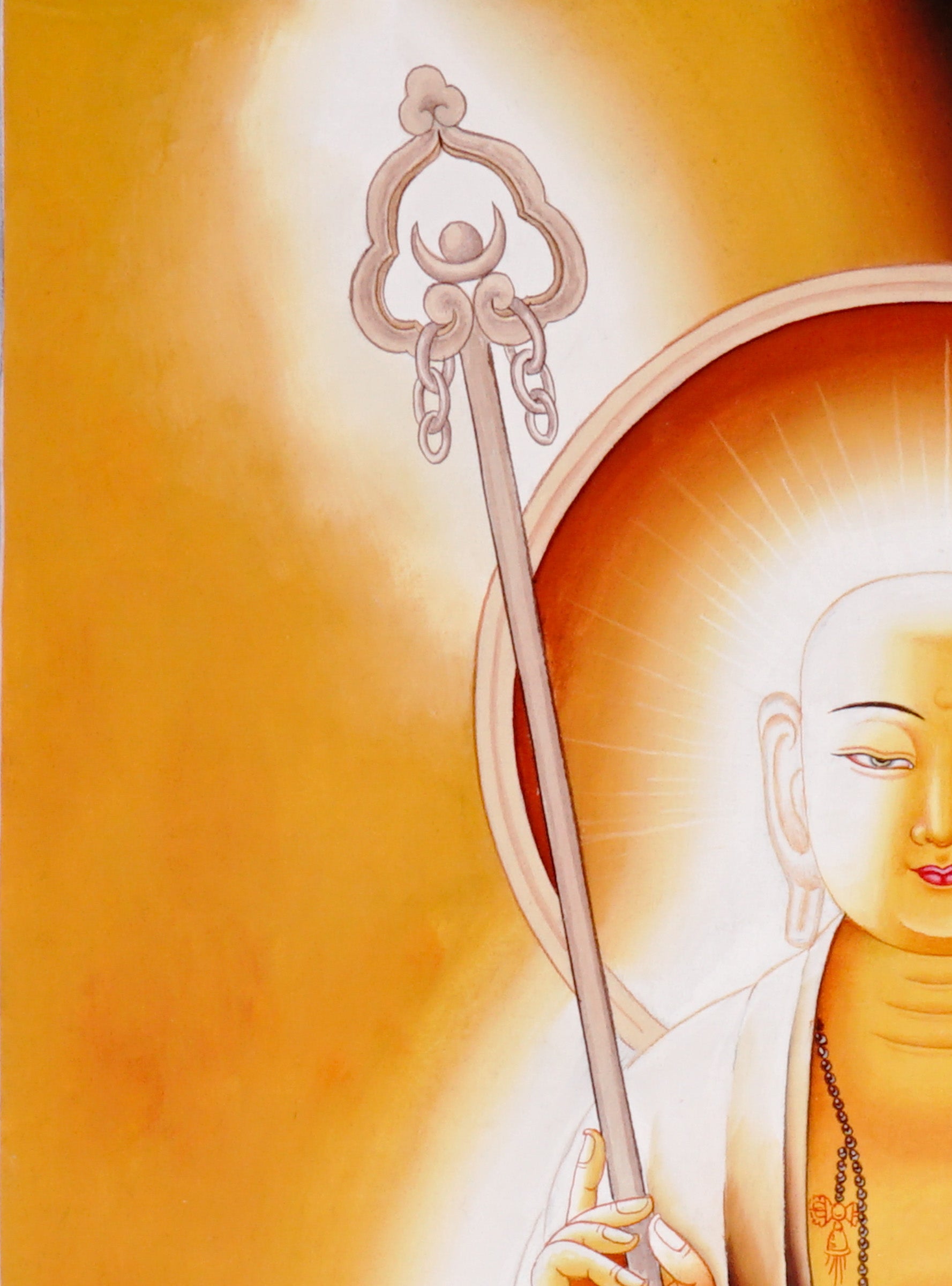 Serene Buddhist thangka painting of Kṣitigarbha Bodhisattva