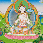 Hand-painted White Tara thangka with peaceful Himalayan landscape