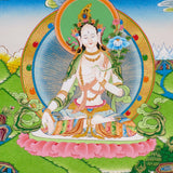 Hand-painted White Tara thangka with peaceful Himalayan landscape
