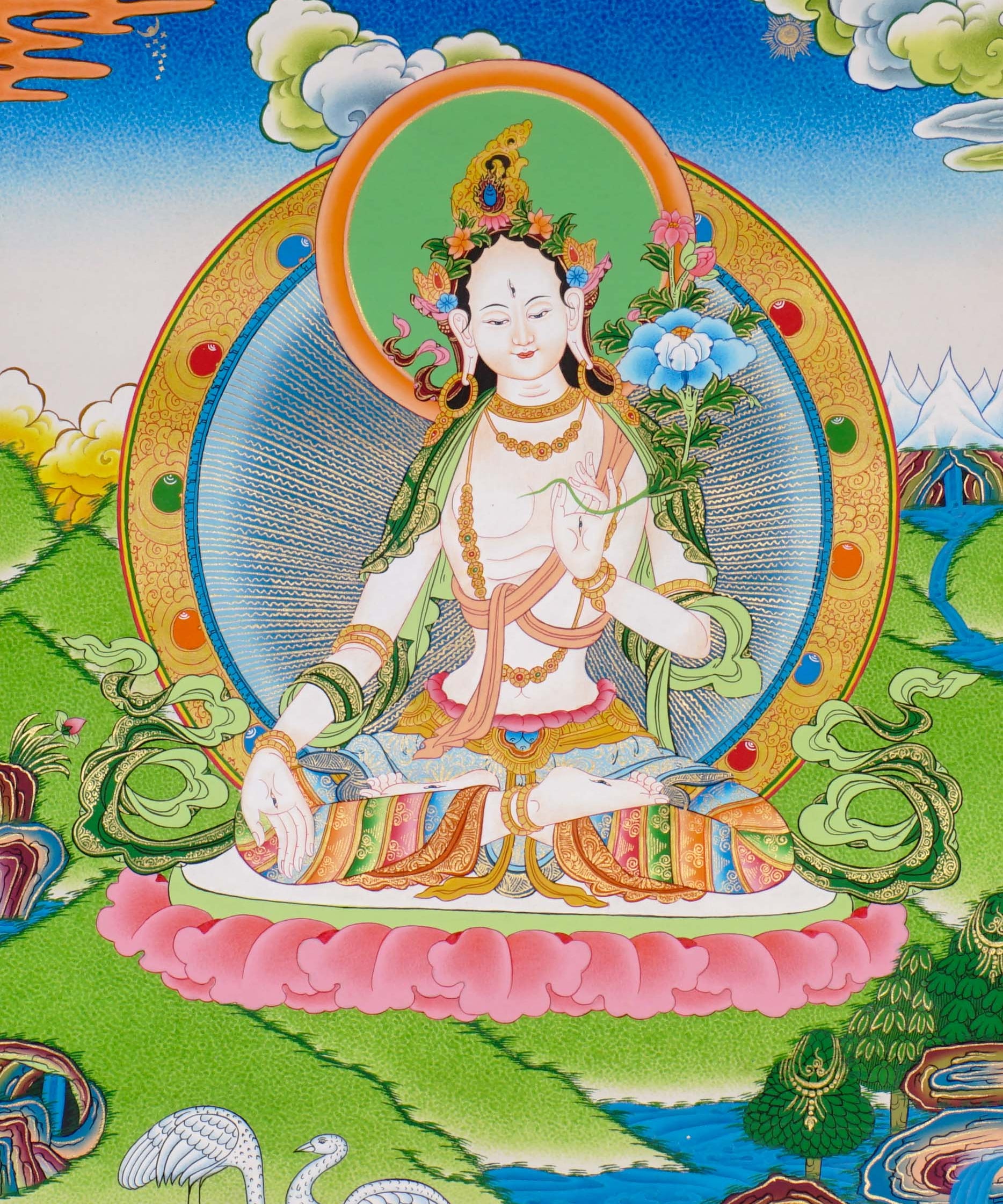 Hand-painted White Tara thangka with peaceful Himalayan landscape
