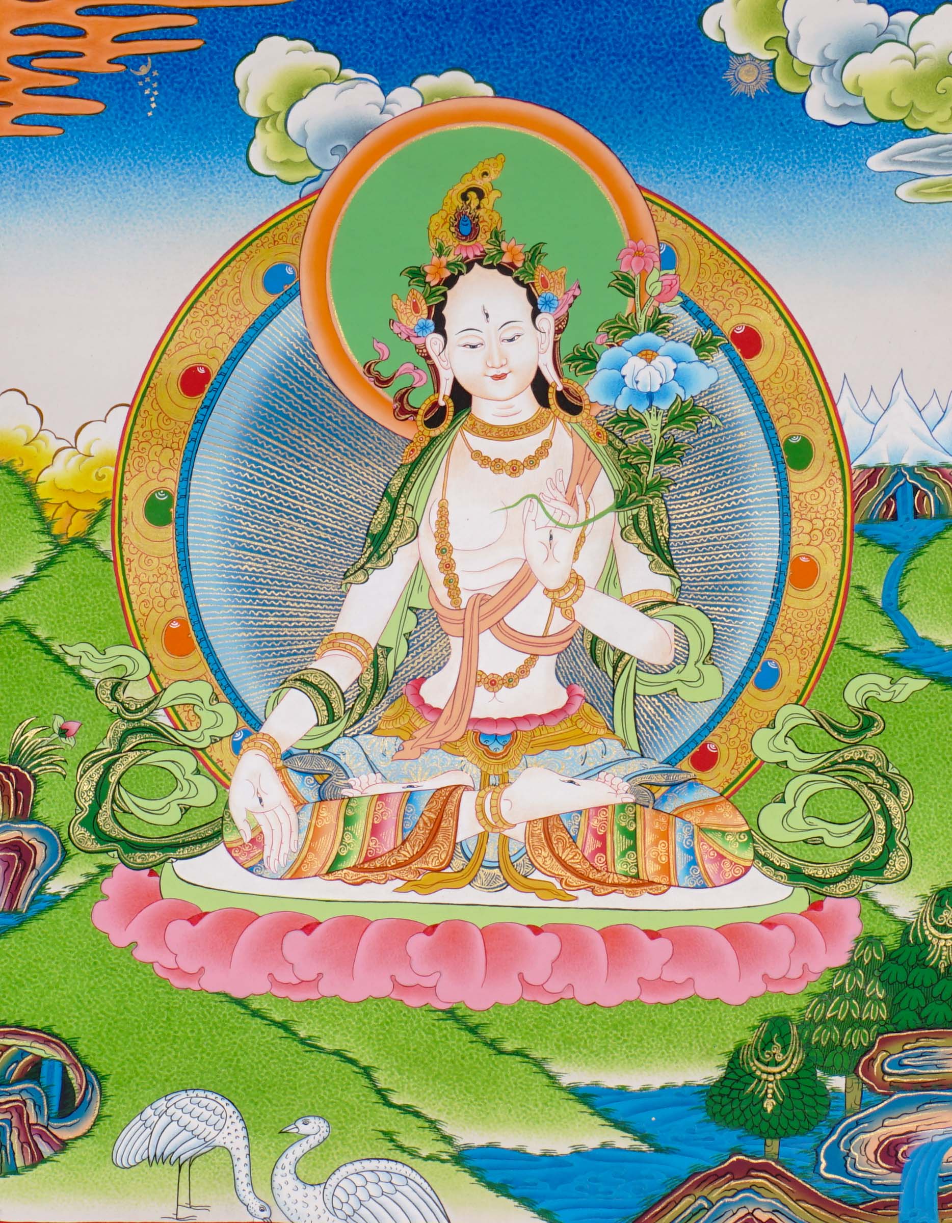 Hand-painted White Tara thangka with peaceful Himalayan landscape