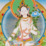 Hand-painted White Tara thangka with peaceful Himalayan landscape