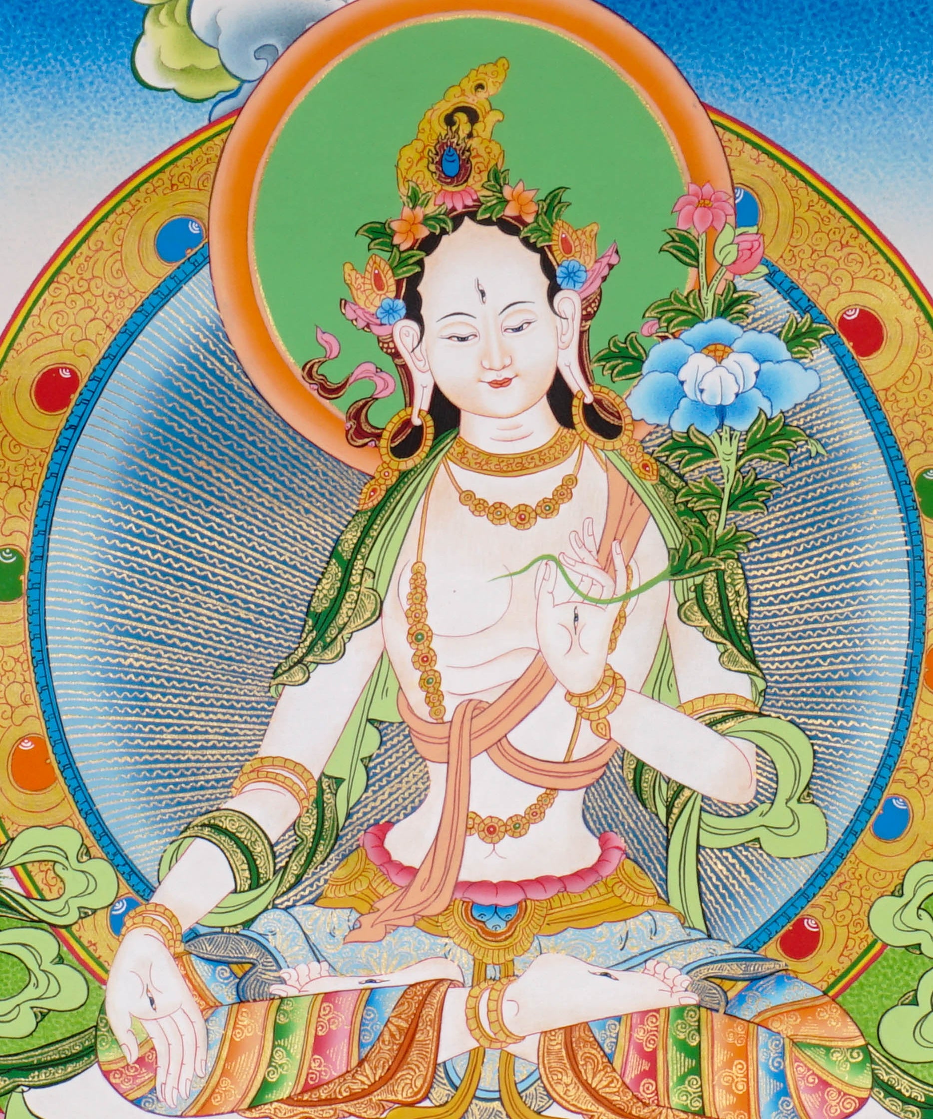 Hand-painted White Tara thangka with peaceful Himalayan landscape