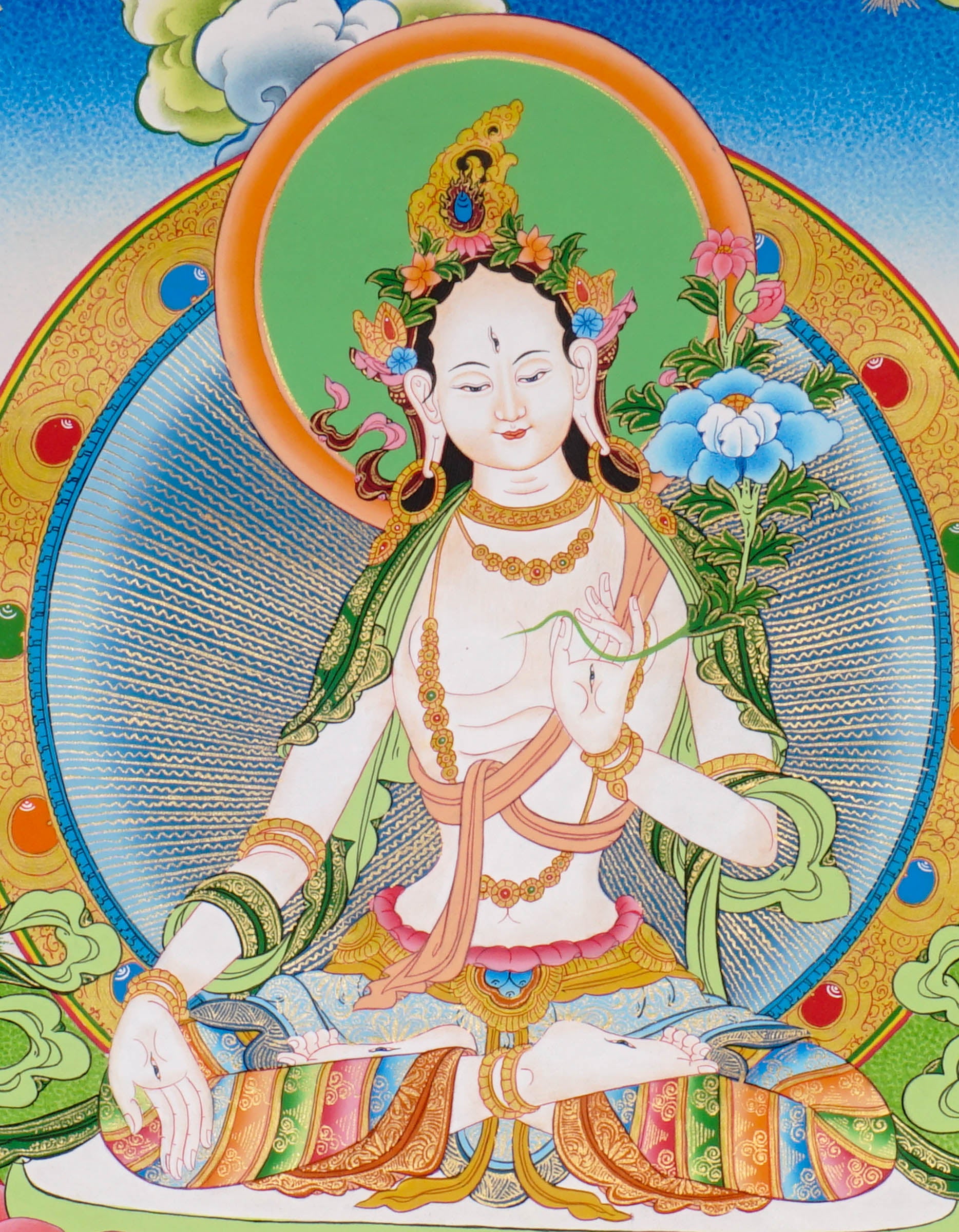 Hand-painted White Tara thangka with peaceful Himalayan landscape