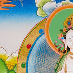 Hand-painted White Tara thangka with peaceful Himalayan landscape