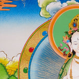Hand-painted White Tara thangka with peaceful Himalayan landscape