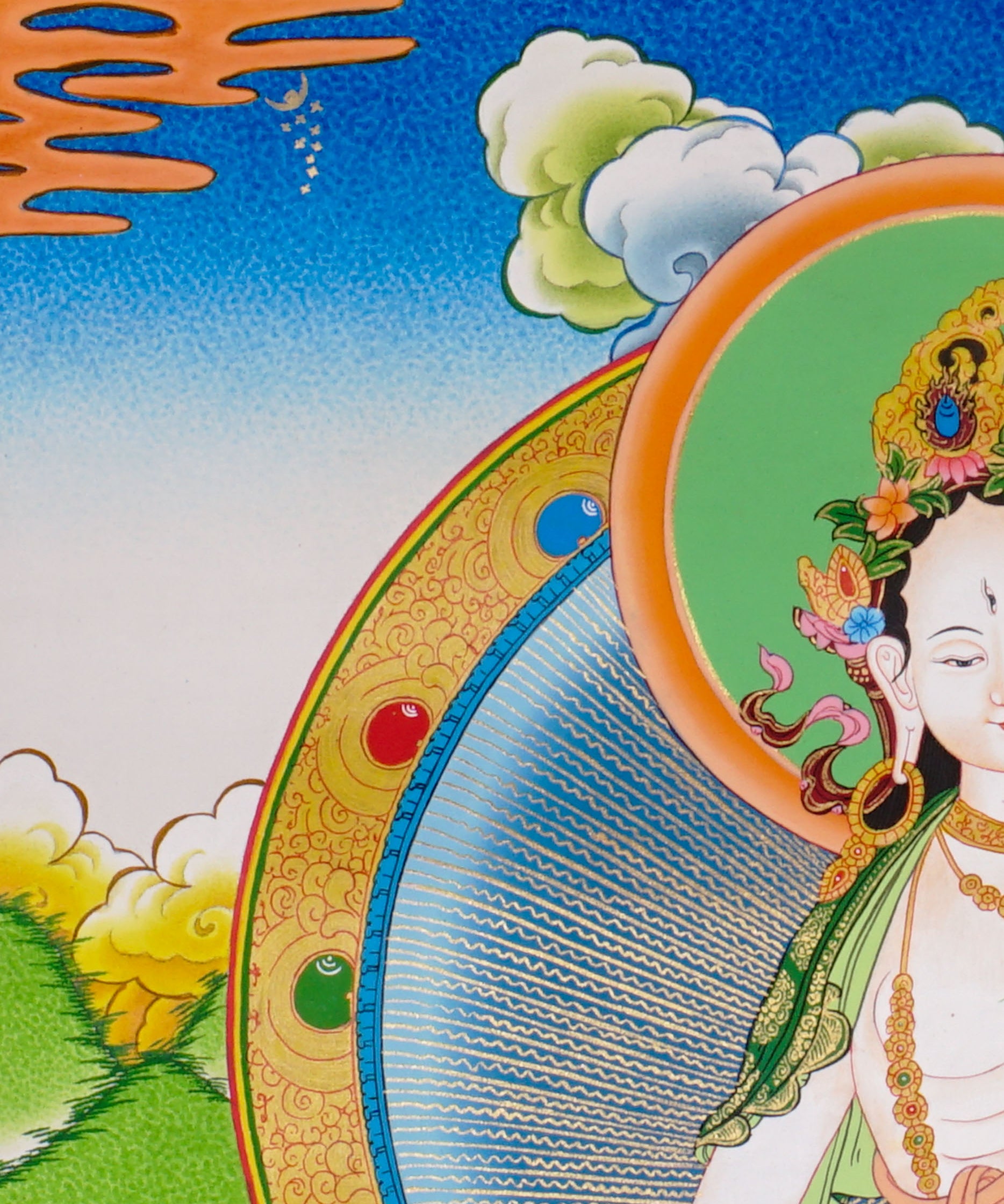Hand-painted White Tara thangka with peaceful Himalayan landscape