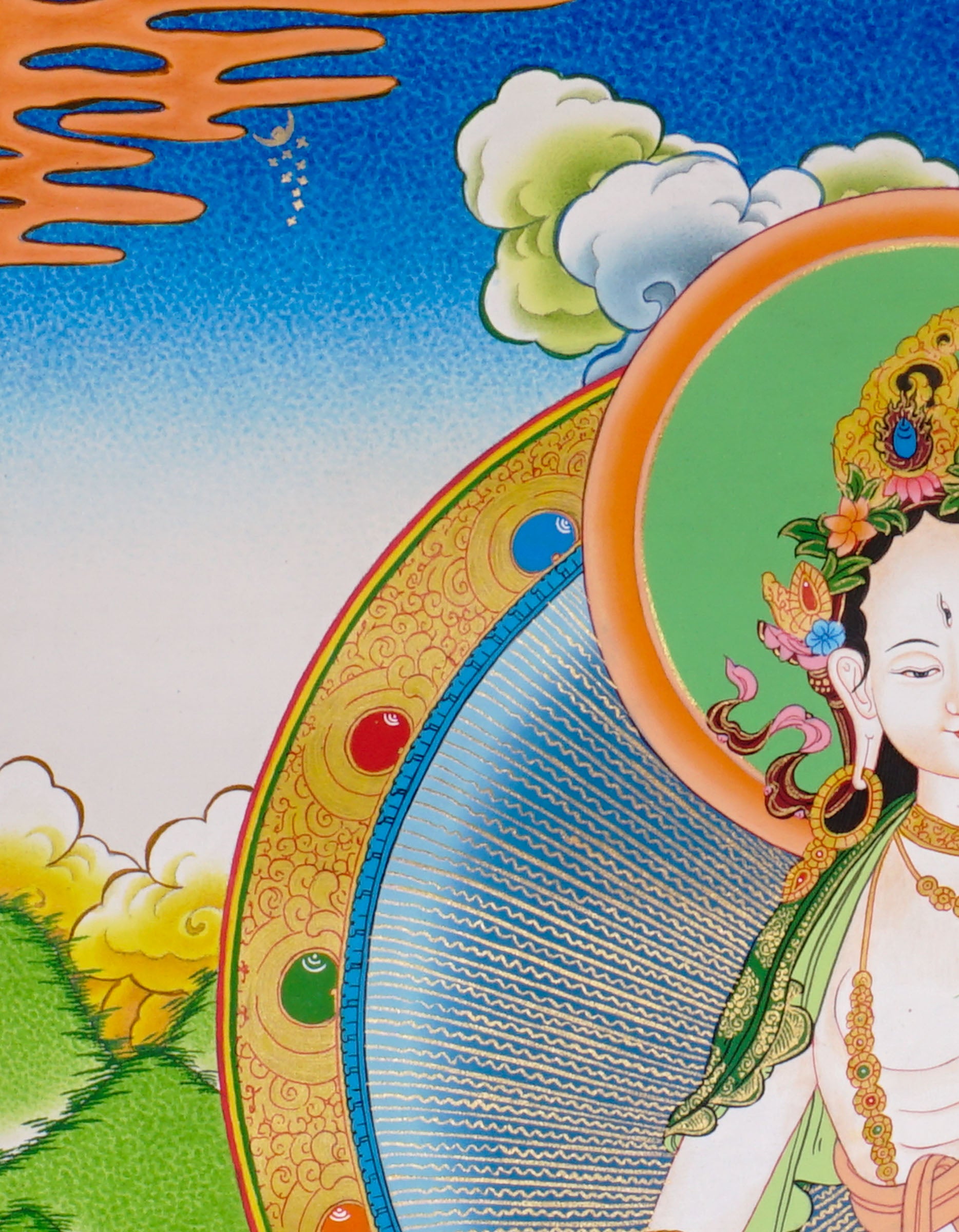 Hand-painted White Tara thangka with peaceful Himalayan landscape