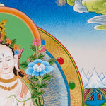 Hand-painted White Tara thangka with peaceful Himalayan landscape