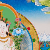 Hand-painted White Tara thangka with peaceful Himalayan landscape