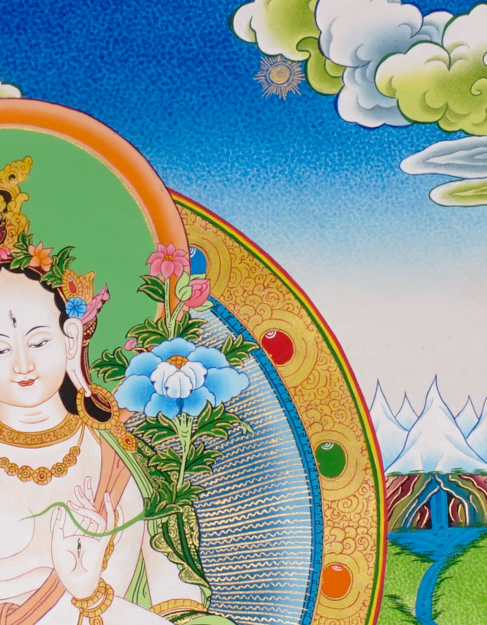 Hand-painted White Tara thangka with peaceful Himalayan landscape