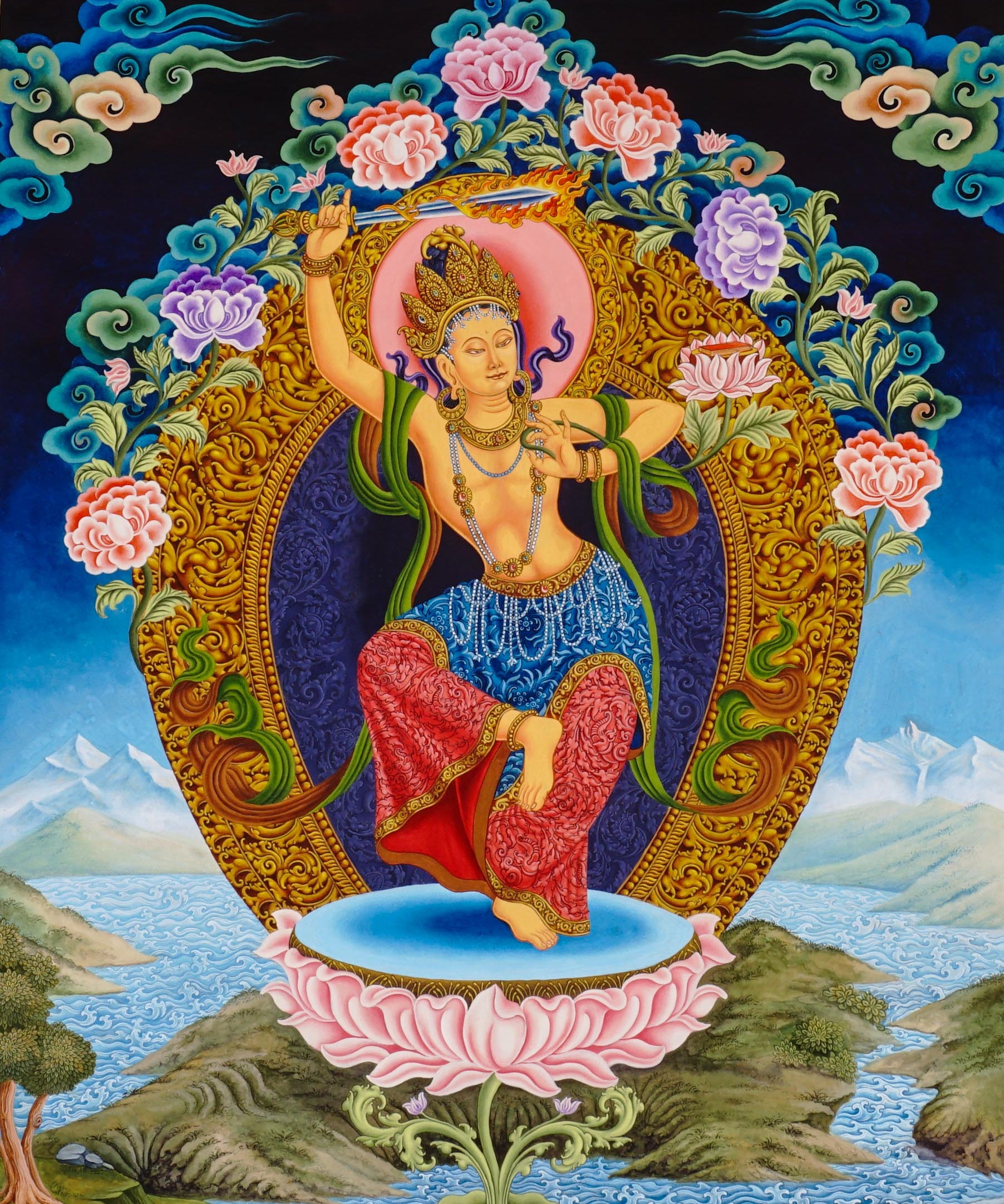 Newari Manjushree thangka depicting the Bodhisattva of Wisdom in dancing posture