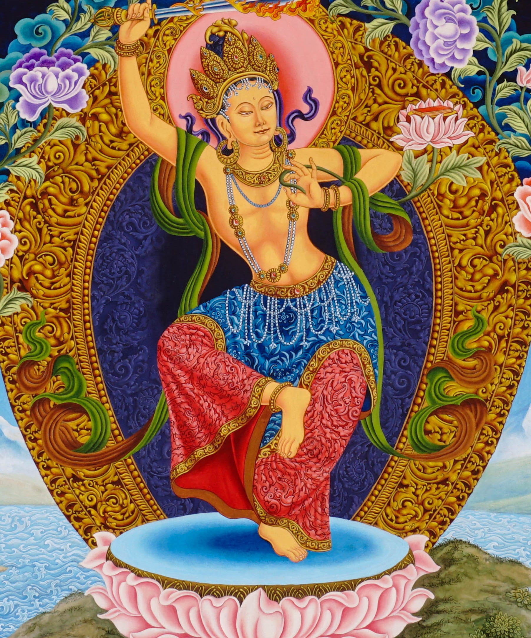 Newari Manjushree thangka depicting the Bodhisattva of Wisdom in dancing posture