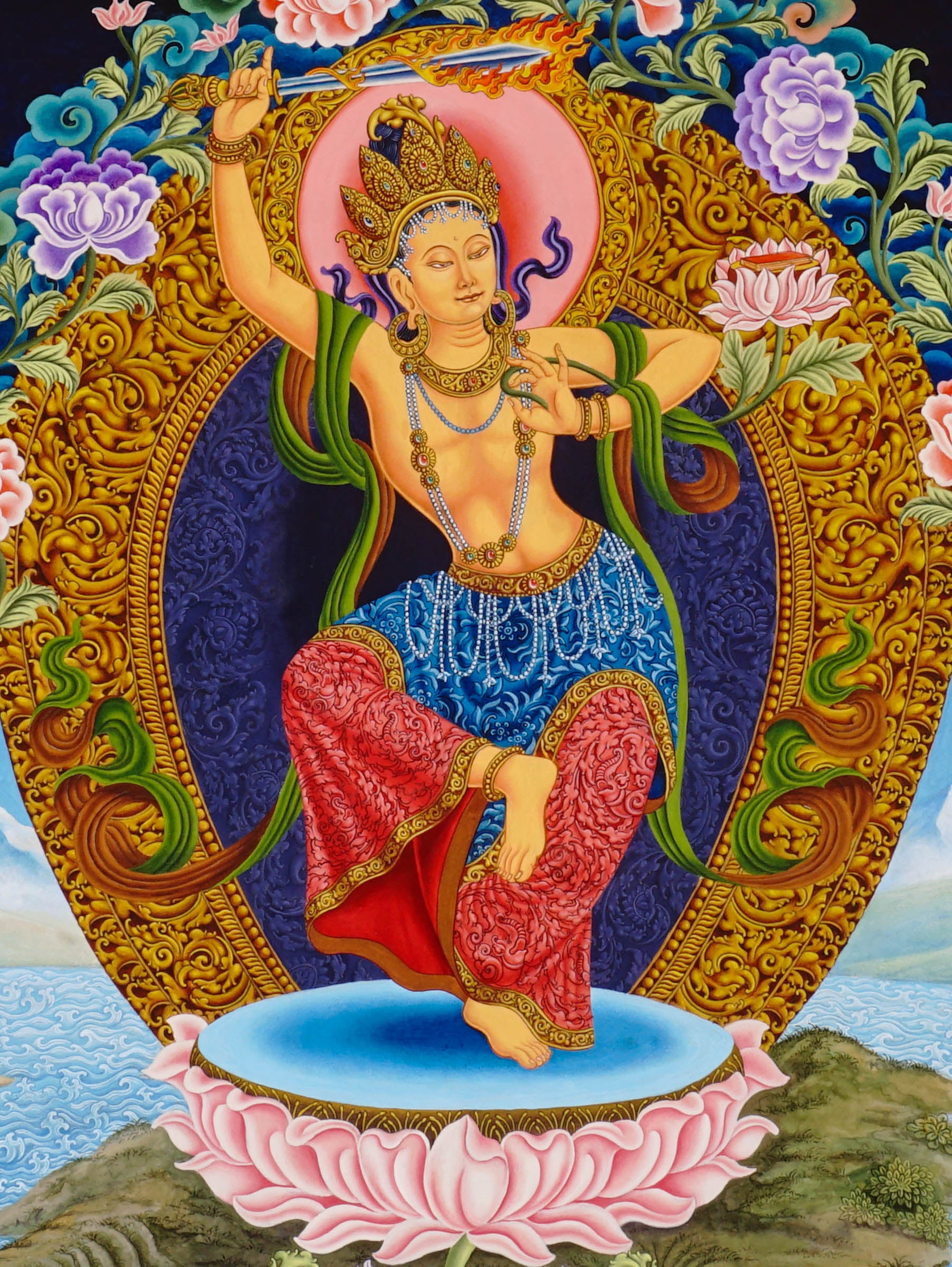 Newari Manjushree thangka depicting the Bodhisattva of Wisdom in dancing posture