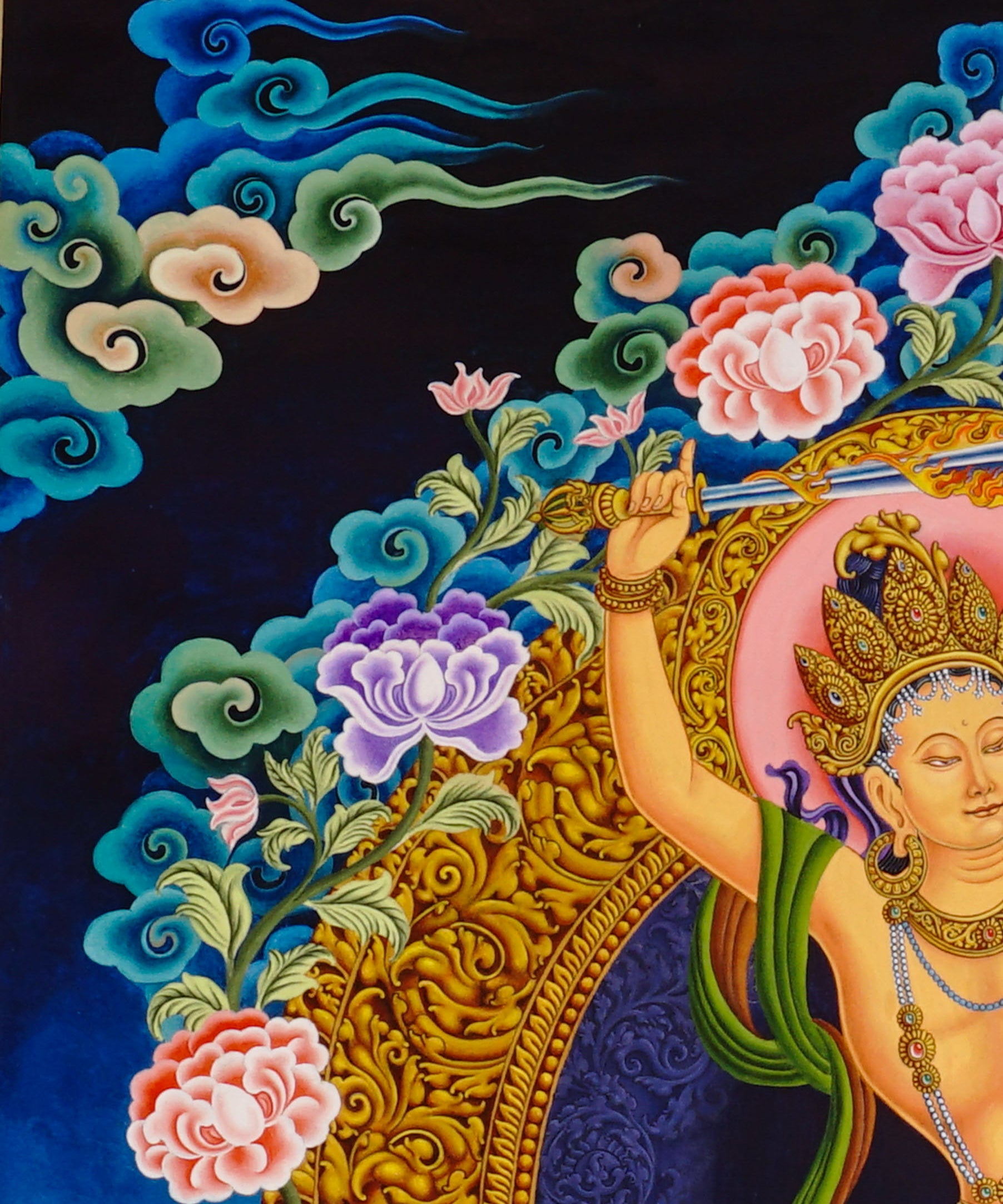 Newari Manjushree thangka depicting the Bodhisattva of Wisdom in dancing posture